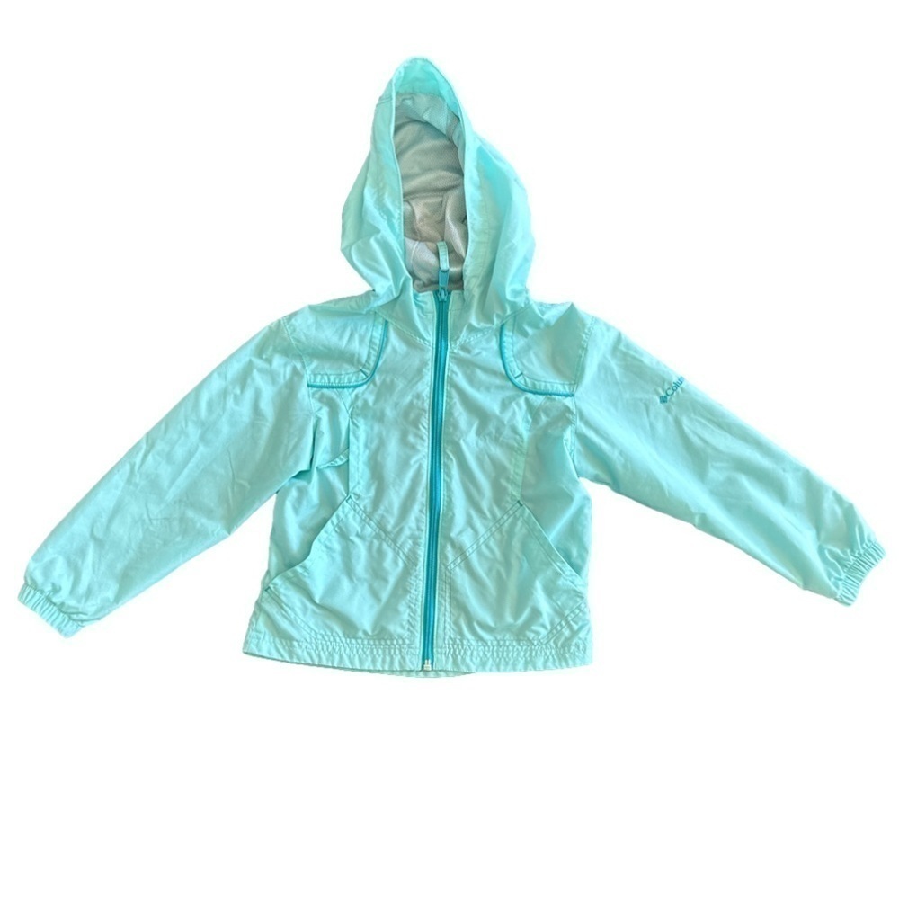 Columbia windbreaker jacket in pastel turquoise zip front with hood size 4/5